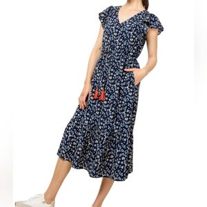 THML Navy Floral Midi Dress with Red Tassels